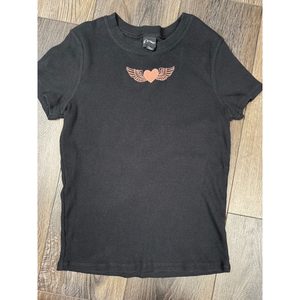Y2K Inspired Baby Tee Black Ribbed Heart Wings Graphic Top XS/Sβ